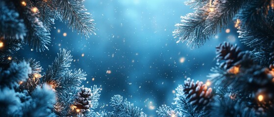 Wall Mural - Snow-covered fir branches with golden pine cones on a frosty winter morning, with a snowy forest in the blurred background.