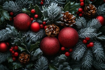 Red Christmas baubles, pinecones, and frosted branches arranged in a festive winter display.