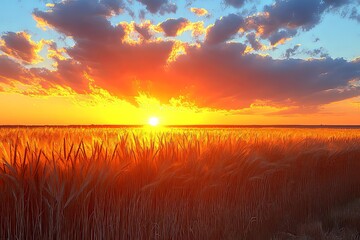 Poster - Vibrant sunset over golden wheat field in the countryside, capturing nature's beauty during the evening hours. Generative AI