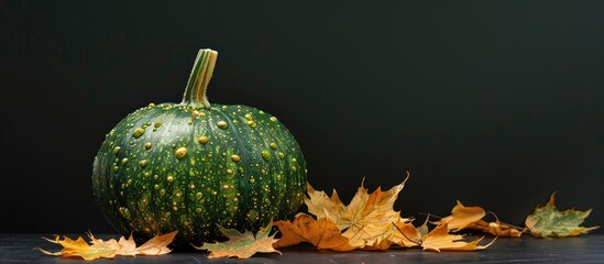 Sticker - Green Warty Pumpkin With Golden Maple Leafs On Black Background