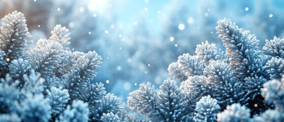 Wall Mural - Snow-covered fir branches with golden pine cones on a frosty winter morning, with a snowy forest in the blurred background.