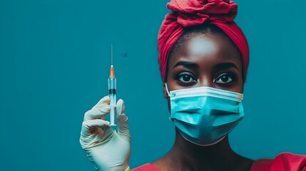 Poster - Close up photograph of an African individual holding a monkeypox vaccine syringe with ample copy space around the image for text or graphic overlays  The image conveys the concept of vaccination