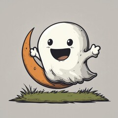 Poster - Cute Cartoon Ghost Riding A Crescent Moon