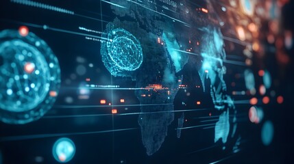Poster - Holographic interface showcasing comprehensive data and analytics on the monkeypox outbreak across the African continent with clear open space for additional text or graphics