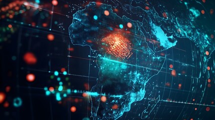Poster - A visually striking holographic map of the African continent overlaying vital information about the location of monkeypox outbreaks and disease hotspots