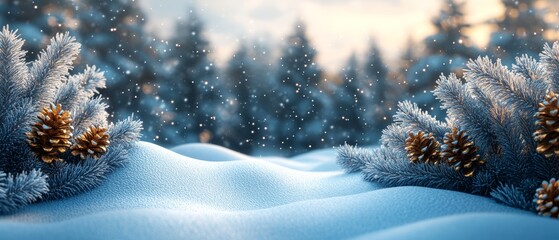 Wall Mural - Snow-covered fir branches with golden pine cones on a frosty winter morning, with a snowy forest in the blurred background.