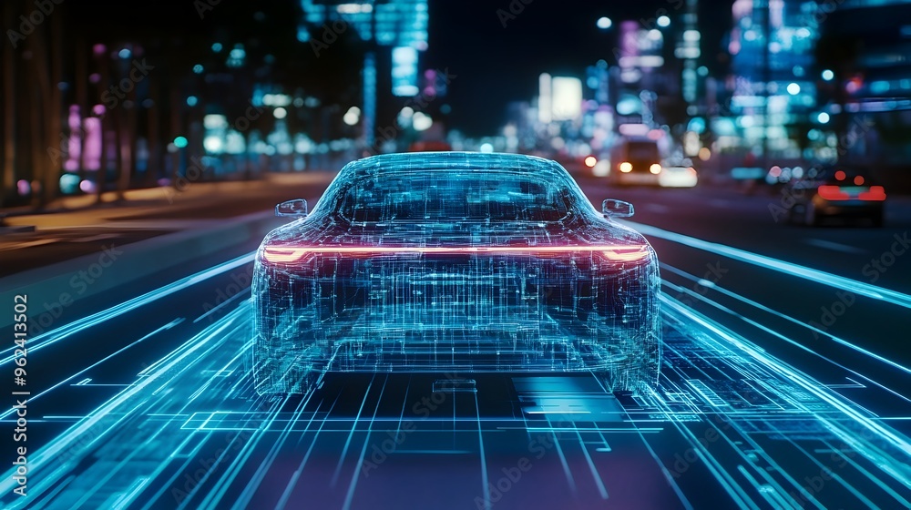 Ilustración de Stock Holographic visualization of AI powered features ...