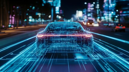Poster - Holographic visualization of AI powered features and functions in the future of autonomous vehicle technology  The image showcases the seamless of intelligence to enable advanced mobility navigation