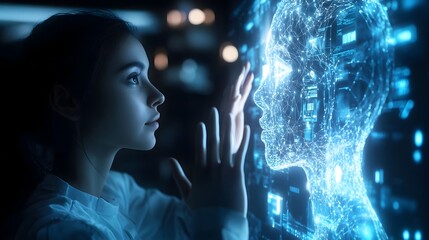 Poster - holographic virtual assistant interacting with users in a futuristic digital workspace