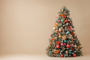 Wall Mural - Beautiful Christmas tree adorned with a variety of large colorful ornaments, creating a festive centerpiece in a minimalist space with soft lighting and a neutral background.