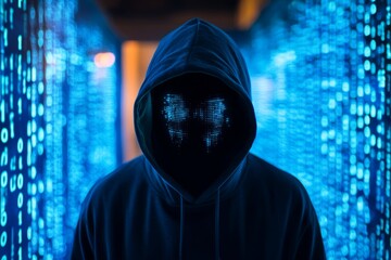 Hacker in the Matrix: A hooded figure, obscured by shadows, stands before a wall of binary code, their face hidden, creating a sense of mystery and intrigue. The blue glow emanating from the code illu