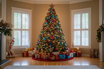 Luxurious Christmas tree decorated with gold and red ornaments, standing by a warm fireplace surrounded by gifts, creating a festive and cozy holiday atmosphere.