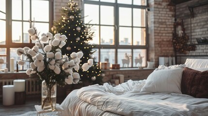 Wall Mural - Cotton branches in vase, Christmas tree in loft apartment with big bedroom windows.