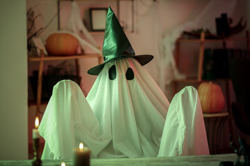 Sticker - Person in Halloween costume of ghost with witch hat and burning candles at home