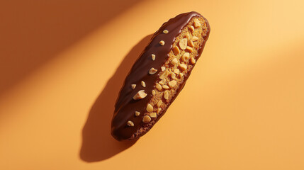 a chocolate dipped biscotti with a half-covered chocolate coating and chopped nuts against an isolated pastel orange background