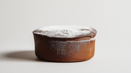 a chocolate souffle with a risen top and a light dusting of powdered sugar against an isolated white background