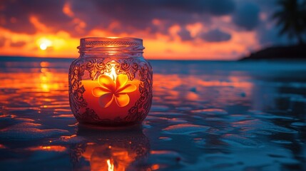 A lit candle in a glass jar sits on a sandy beach at sunset with the ocean in the background.