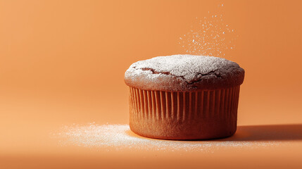 a chocolate souffle with a risen top and a light dusting of powdered sugar against an isolated paste