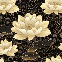 Wall Mural - Golden Lotus Flowers with Black and Gold Wavy Pattern Background