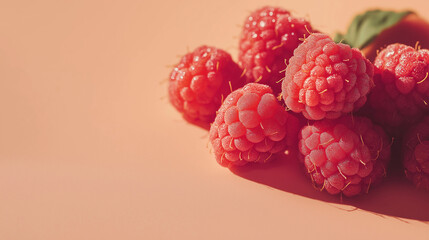 a cluster of fresh raspberries with tiny hairs and natural dew against an isolated pastel orange background