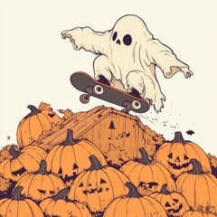 Sticker - Ghost Skateboarding Over Pumpkins