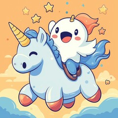 Sticker - Cute Cartoon Character Riding a Unicorn in the Clouds