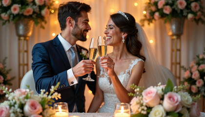 A bride and groom toast with champagne at their wedding reception, surrounded by elegant floral arrangements and a festive atmosphere.