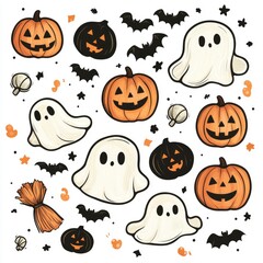 Wall Mural - Cute Halloween Illustration with Pumpkins, Ghosts, and Bats