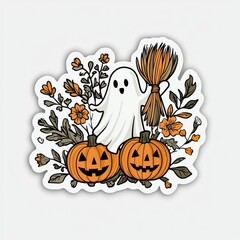 Poster - Ghostly Halloween Illustration with Pumpkins and Flowers