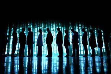 Poster - Silhouetted figures against a backdrop of binary code in a dimly lit environment during a tech event at night. Generative AI