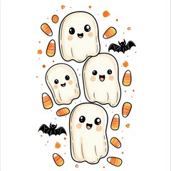 Canvas Print - Cute Cartoon Ghosts with Candy Corn Illustration