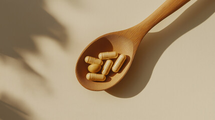 a set of shiitake mushroom supplement capsules laid on a wooden spoon against an isolated light earthy beige background