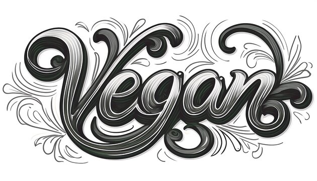 Elegant Vegan Silhouette Calligraphy - refined and stylish calligraphy design of the word - vegan in black white colors. Graphic art illustration