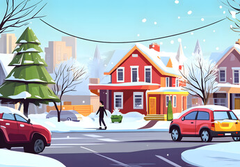 Wall Mural - Suburban street on winter with red house, cars on asphalt road, trees and pedestrian covered with snow. Cartoon vector illustration of teen boy welcome friends. Suburb neighborhood landscape.