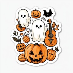 Wall Mural - Cute Halloween Stickers with Ghosts, Pumpkins, and a Guitar