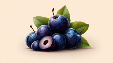 Wall Mural - A stack of plump, ripe plums with a sliced half showing the juicy interior, placed against a beige background.