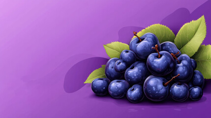 Wall Mural - A vibrant pile of ripe, juicy purple plums with green leaves, arranged on a purple background, evoking freshness and nature.