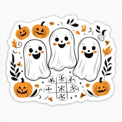 Poster - Three Friendly Ghosts with Pumpkins and a Tic-Tac-Toe Board