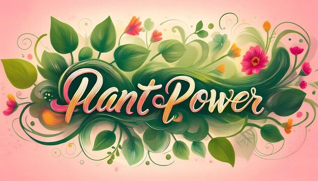 Elegant Vegan Calligraphy - refined and stylish calligraphy design of the word - Plant Power in vibrant colors. Graphic art illustration. Ai Generated