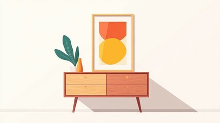 Wall Mural - Elevate your home with a chic midcentury chest of drawers and vibrant wall art for a fresh modern living room vibe.