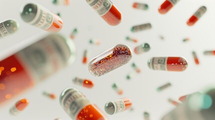 A surreal and dynamic image of red and green capsules floating mid-air, suggesting concepts of medicine, health, and pharmaceutical innovation. The capsules are in sharp focus against a blurred