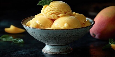 Sticker - Close-up of Mango Sorbet with Mint Garnish in a Bowl