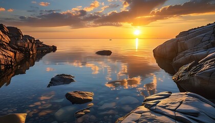 As the sun sets in the west, the golden sunshine shines on the calm sea, and the rocks and water on the coast complement each other, presenting a peaceful and beautiful natural scene.