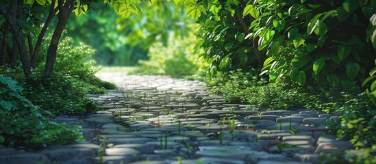 Wall Mural - Green Bush In The Park Cobbles