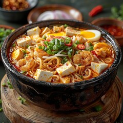 Wall Mural - Delicious Noodle Soup with Shrimp and Tofu