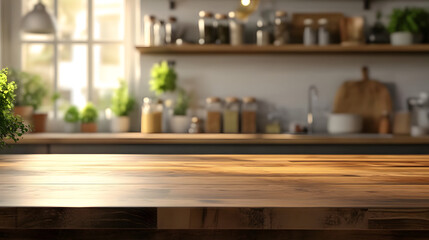 Home background with a blurry kitchen interior and wooden desk area