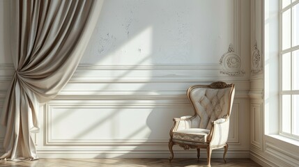 Canvas Print - Antique chair near white wall and large window with drapes. Room for your text.