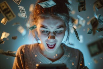 Experts Urge Action Against Growing Gaming Addiction Trend.  Shouting teen girl radiates joy and youthful enthusiasm casual attire. Capturing essence of joyful and carefree teenage