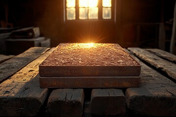 Poster - Sunlight illuminates a textured surface on wooden planks inside an old building during golden hour. Generative AI