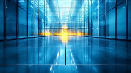 Poster - A modern architectural interior with reflective surfaces and blue tones illuminated by warm light at dusk. Generative AI